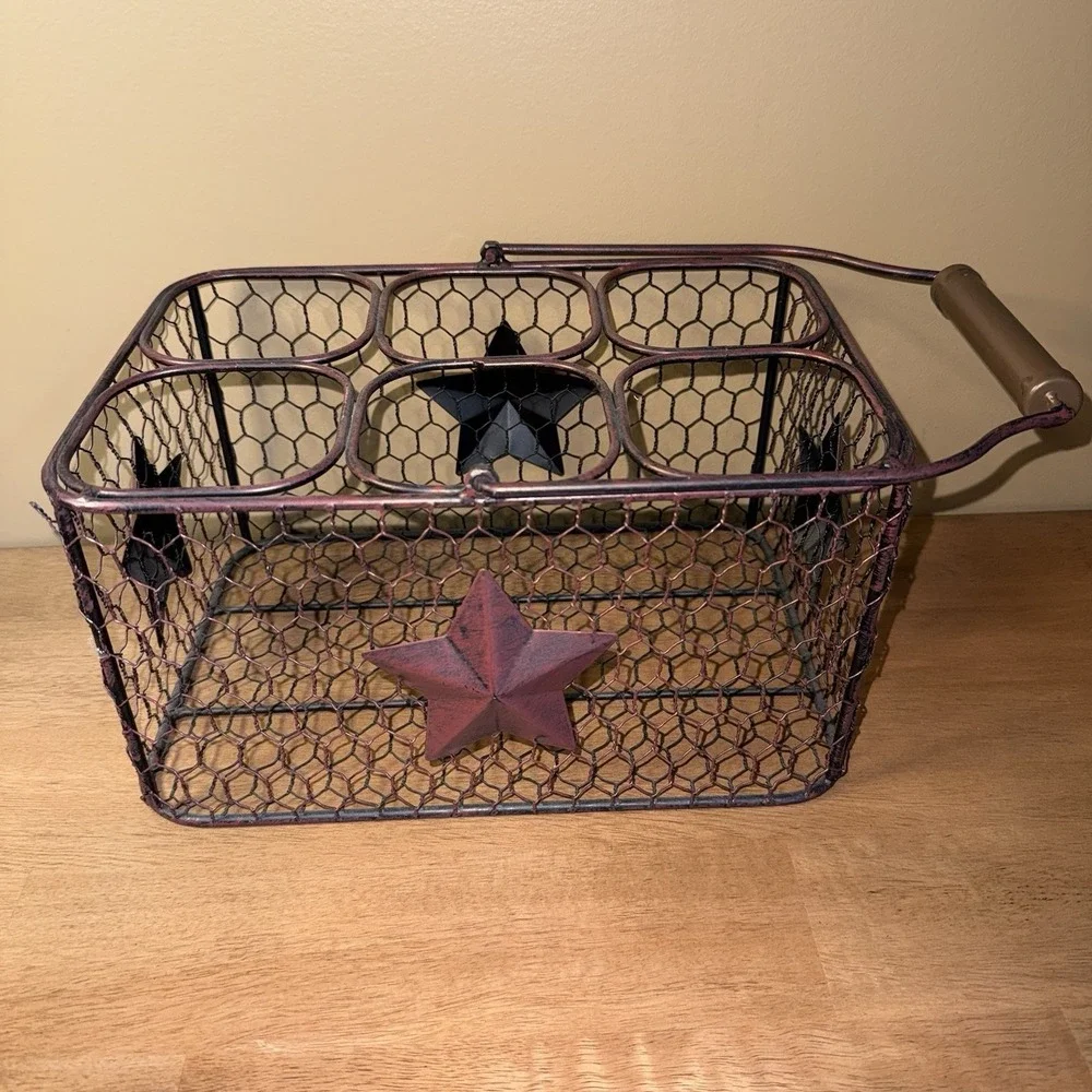 Rustic Farmhouse Chicken Wire 6 Slot Milk Crate Basket with Metal Stars Handle